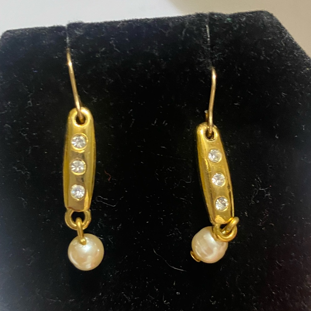 Gold-Tone Pearl Drop Earrings with Crystal Accents